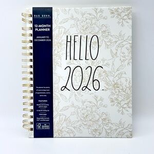 Rae Dunn 2026 Hard Cover Spiral 12-month Planner HELLO 2026 Toile (Black/Gold)